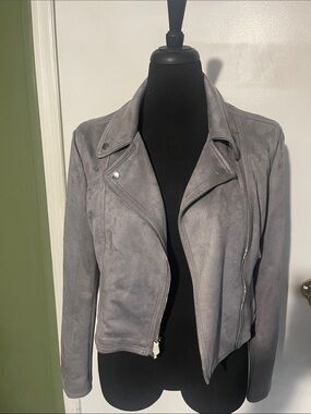 New Express Gray Suede-Look Women's Moto Jacket - Stylish Asymmetric Zip